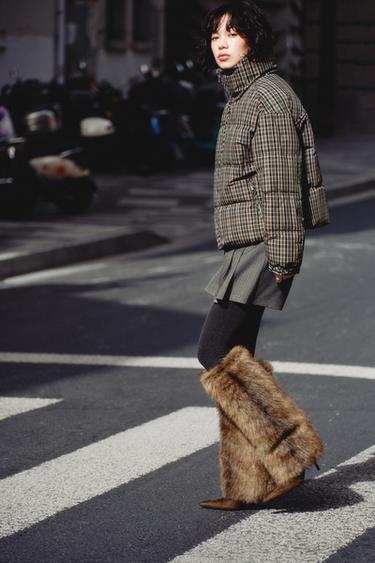 Zara 格紋絎縫連帽外套 - 棕色