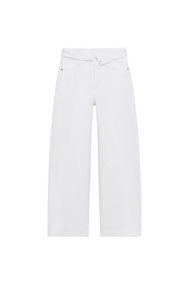Zara TRF FOLDED WAIST MID-RISE JEANS - Ecru