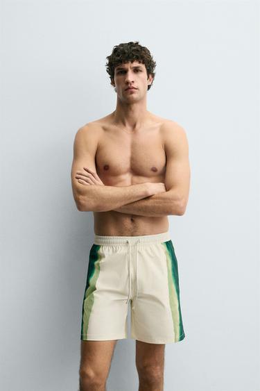 LONG STRIPED PRINT SWIMMING TRUNKS - Ecru by Zara - Image 4