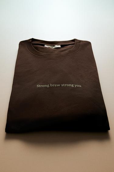 Zara TEXT LONG SLEEVE T-SHIRT - Brown