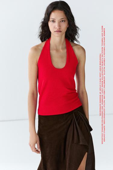 Zara Cotton modal blend halter top - Red