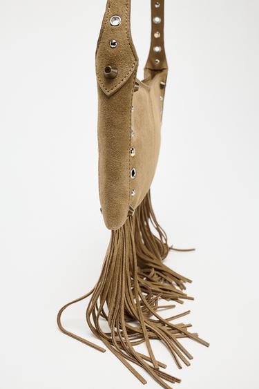 SPLIT SUEDE HANDBAG WITH FRINGING - Dark tan by Zara - Image 5