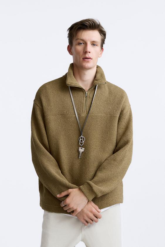 RIBBED TEXTURED QUARTER-ZIP SWEATSHIRT - Ochre | ZARA Australia