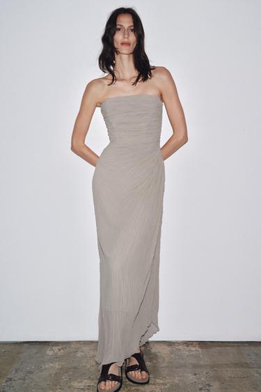 VESTIDO PALABRA DE HONOR PLISADO - Gris topo de Zara