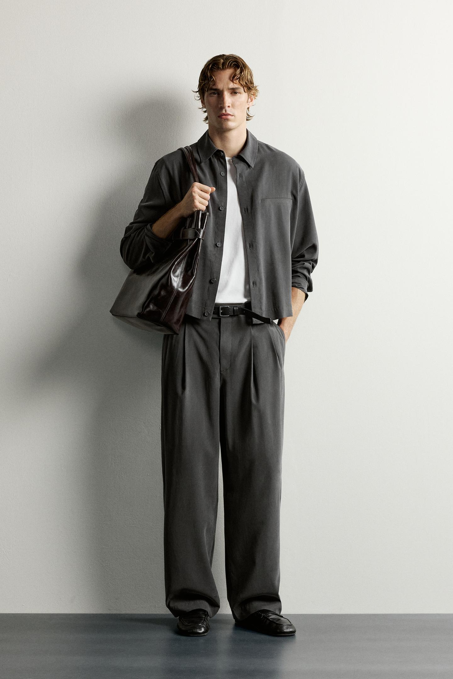 Мужские брюки Zara Relaxed Fit Pleated, цвет: Серый