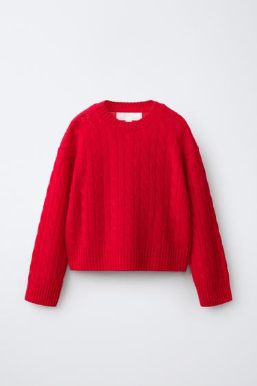 100% WOOL CABLE KNIT JUMPER — Red 1