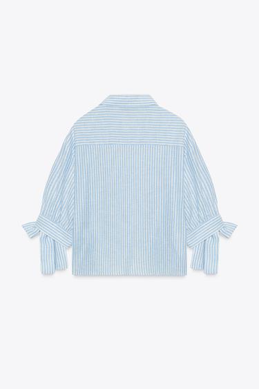 STRIPED LINEN BLEND SHIRT WITH BOWS - Blue/White by Zara - Image 5