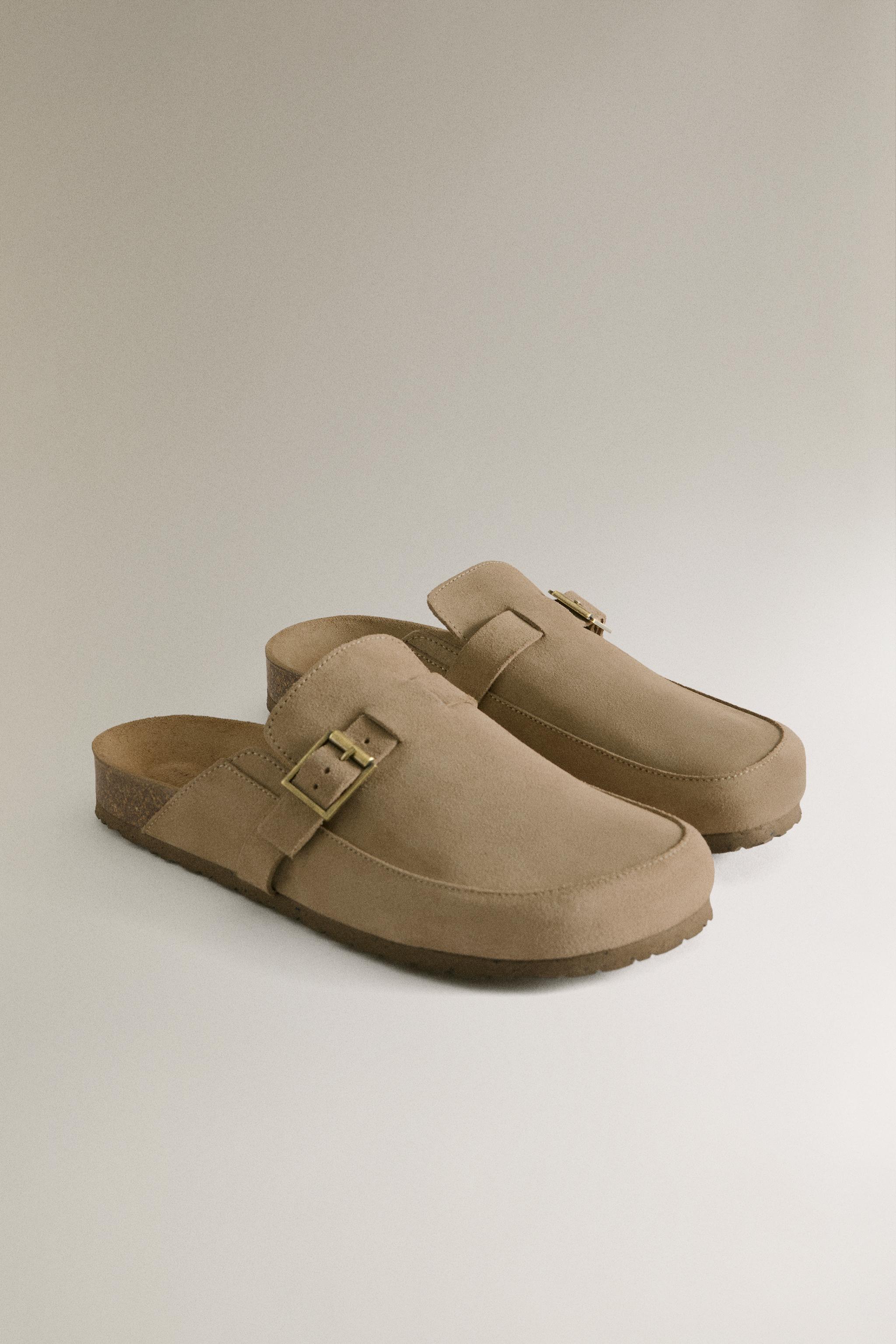 LEATHER MULE CLOG SLIPPERS WITH BUCKLE — Brown