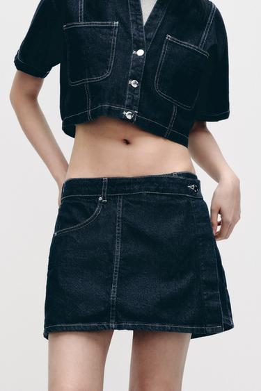 Zara Z1975 交叉設計牛仔短褲裙 - 藍色