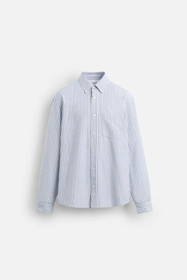 Zara TEXTURED OXFORD SHIRT - White / Sky blue