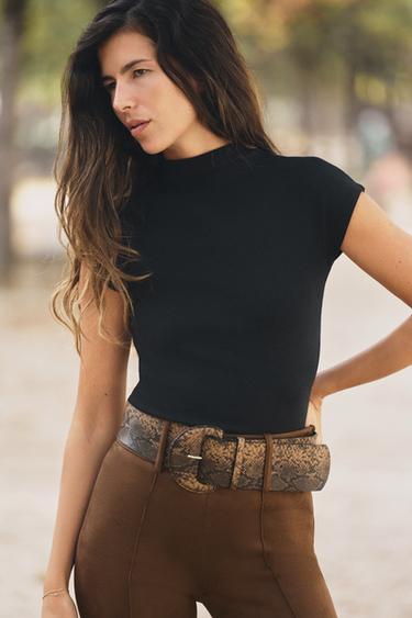 LYOCELL BLEND MOCK NECK TOP — Black 1
