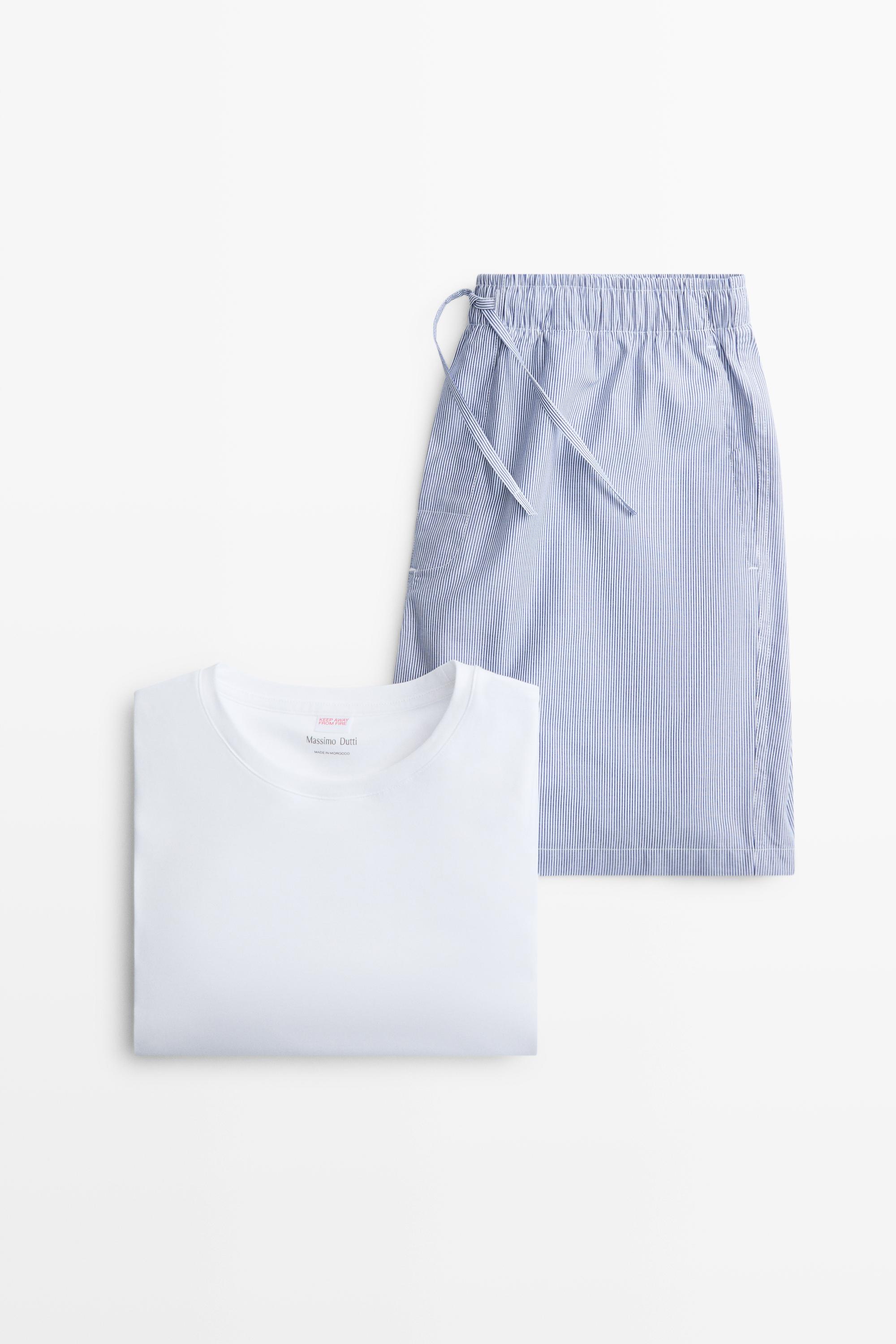 Short sleeve pyjama top and striped trousers — Navy blue
