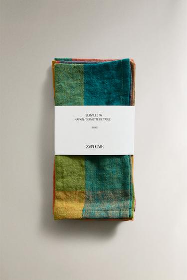 PACK OF MULTICOLOURED CHECK LINEN NAPKINS - Green by Zara - Image 4