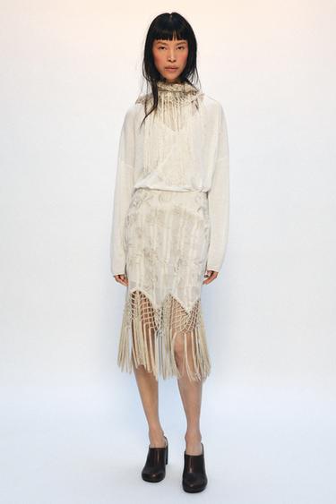 ZW COLLECTION EMBROIDERED FRINGED SKIRT - Ecru by Zara