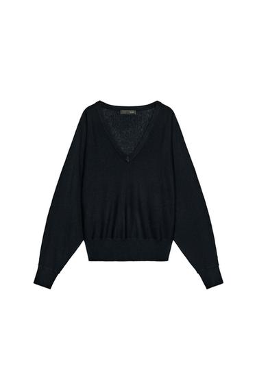 Zara WOOL V-NECK JUMPER - Dark navy