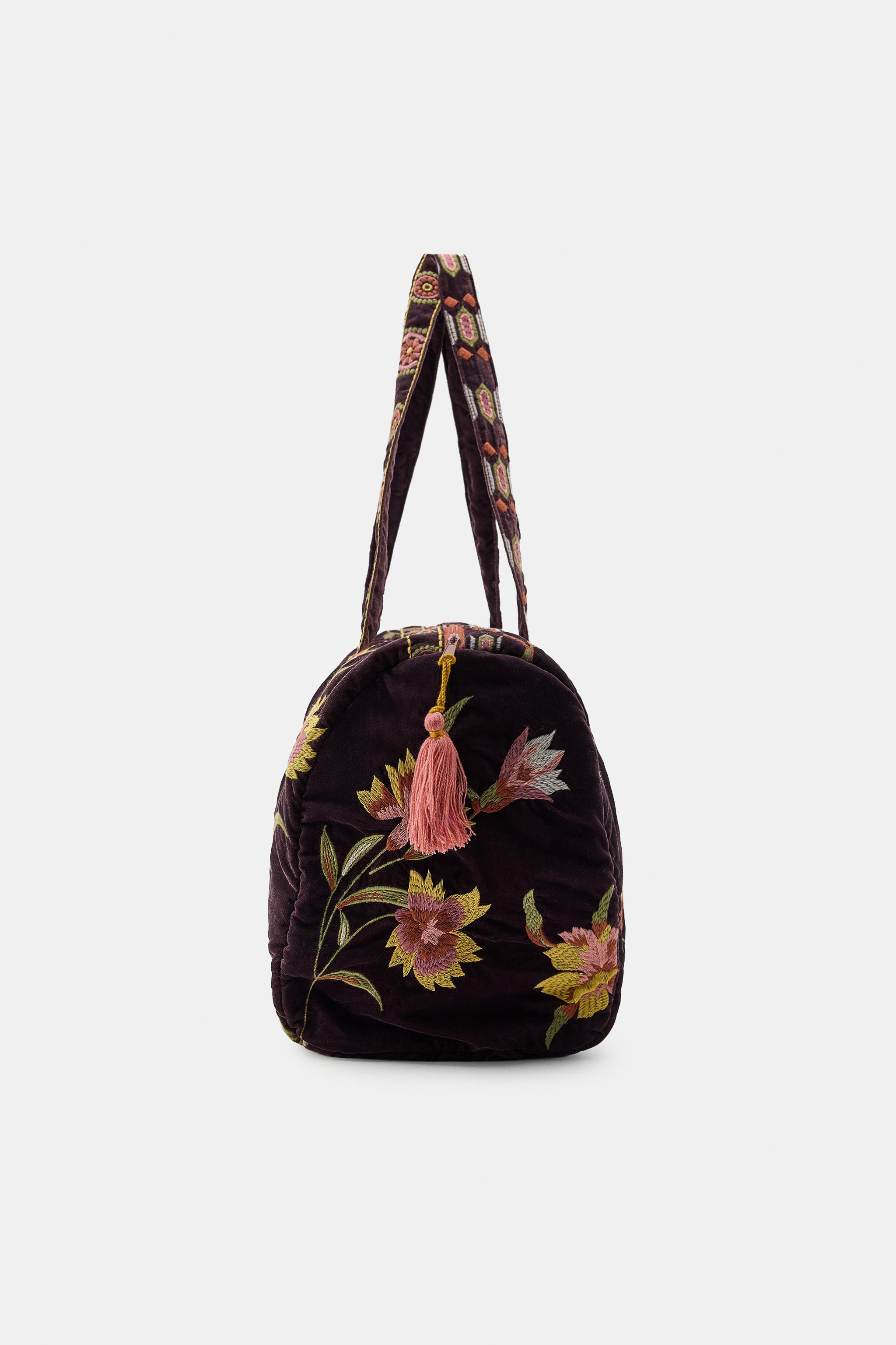 QUILTED VELVET BAG WITH EMBROIDERED FLOWERS