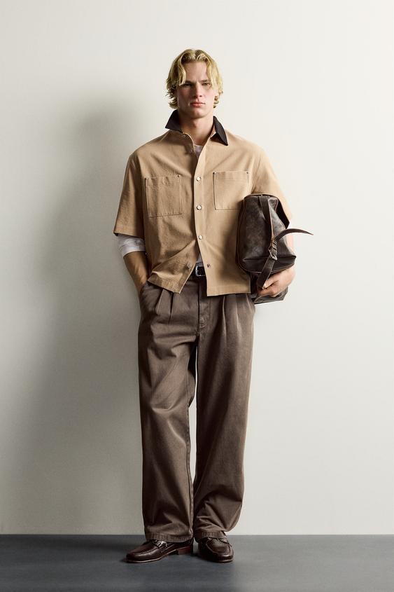 Zara CONTRAST COLLAR POCKET SHIRT - taupe brown - Image 0