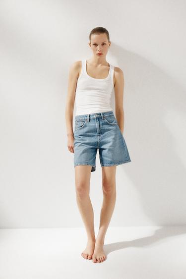 Zara TRF MID-RISE DENIM SHORTS - Indigo