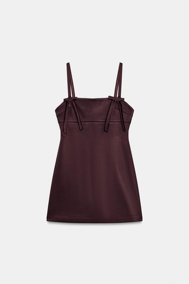 VESTIDO MINI SATINADO LAZOS - Berenjena oscuro de Zara - Imagen 0
