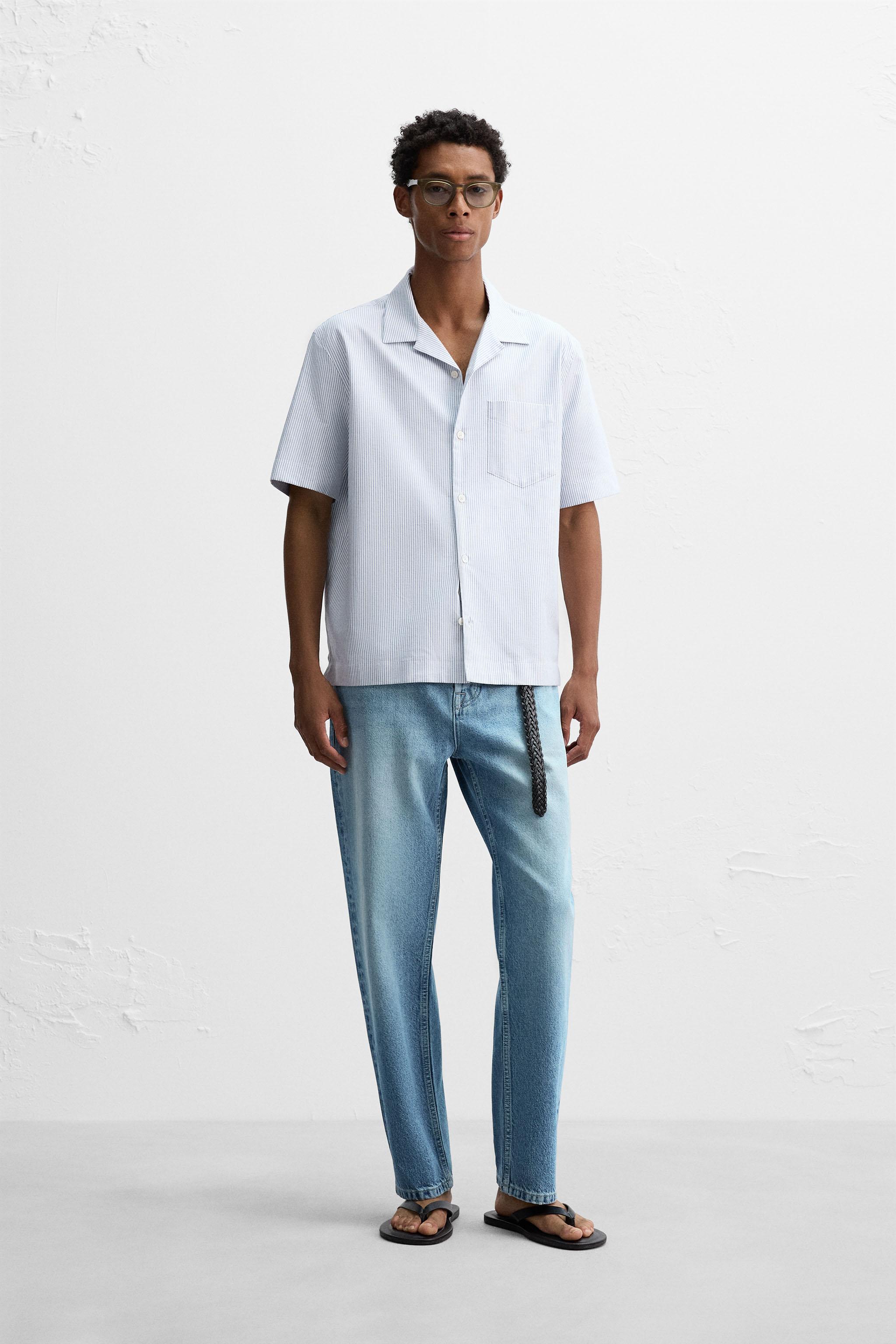 ★ドイツ発*ZARA*新作*ストライプジャガード半袖シャツ/INDIGO★ ☆ドイツ発*ZARA*新作*ストライプジャガード半袖シャツ/INDIGO