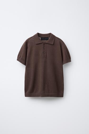 Zara LINEN COTTON POLO SHIRT - Brown