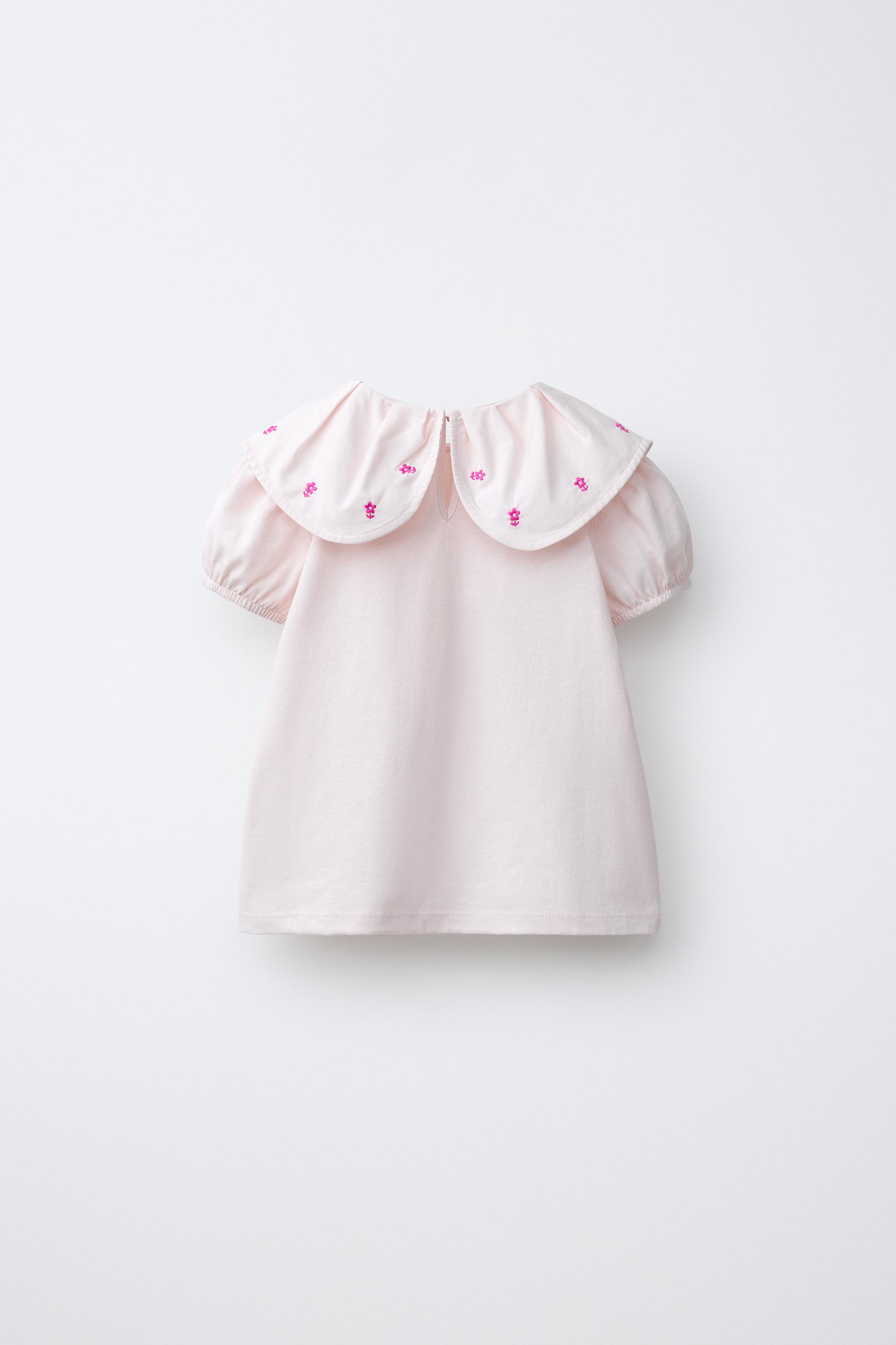 EMBROIDERED FLORAL PETER PAN COLLAR T-SHIRT — Pastel pink