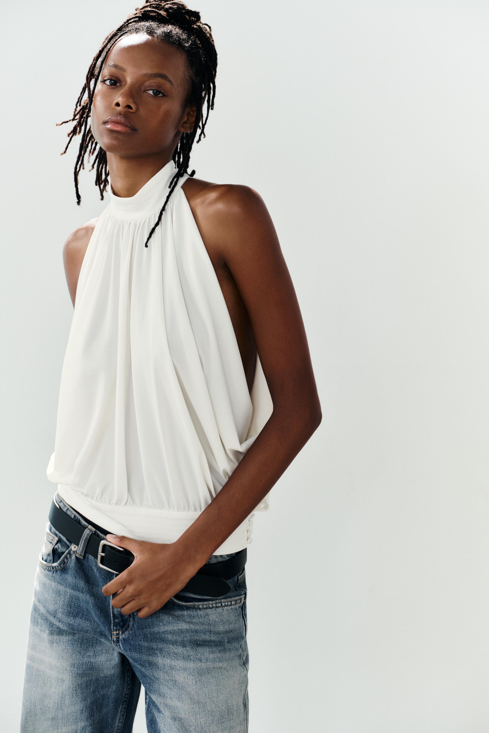 BALLOON HALTER TOP — Oyster-white