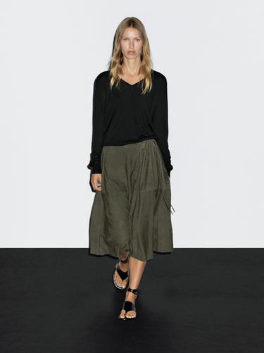 Zara Suede leather skirt with gathered detail - Khaki
