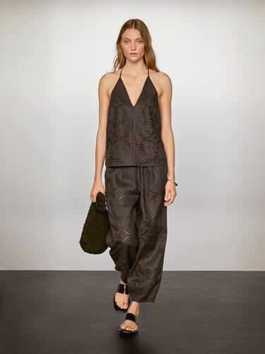 Zara Linen blend embroidered top - Chocolate - Image 0