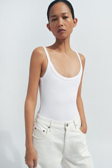 Zara 棉質細肩帶連體衣 - 白色