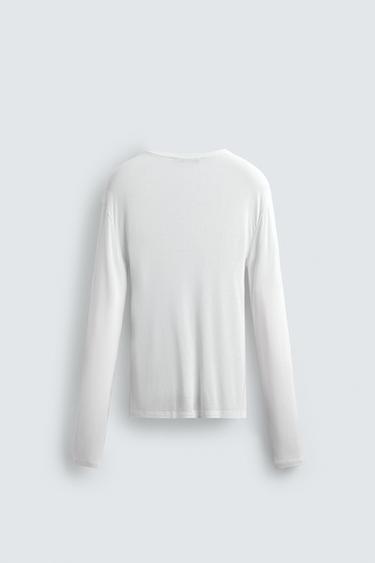 LONG SLEEVE VISCOSE TEXTURED T-SHIRT - White by Zara - Image 6