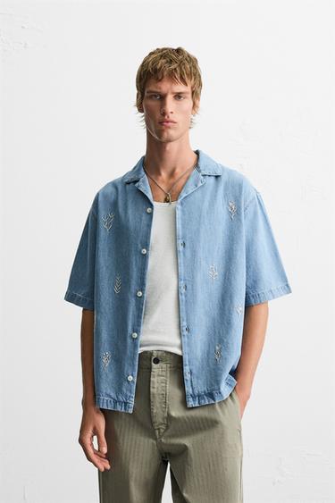 CONTRAST EMBROIDERY DENIM SHIRT - Mid-blue by Zara
