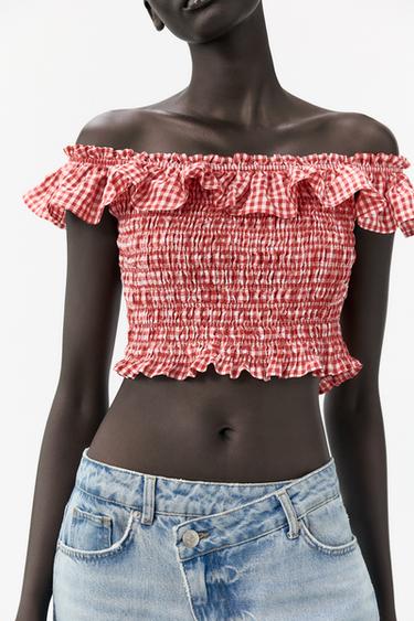 توب نقشة مربعات فيشي - أبيض / أحمر الخاص بـ Zara