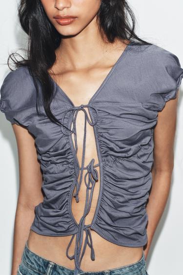 GATHERED TOP WITH TIES - Blue / Grey by Zara - Image 1