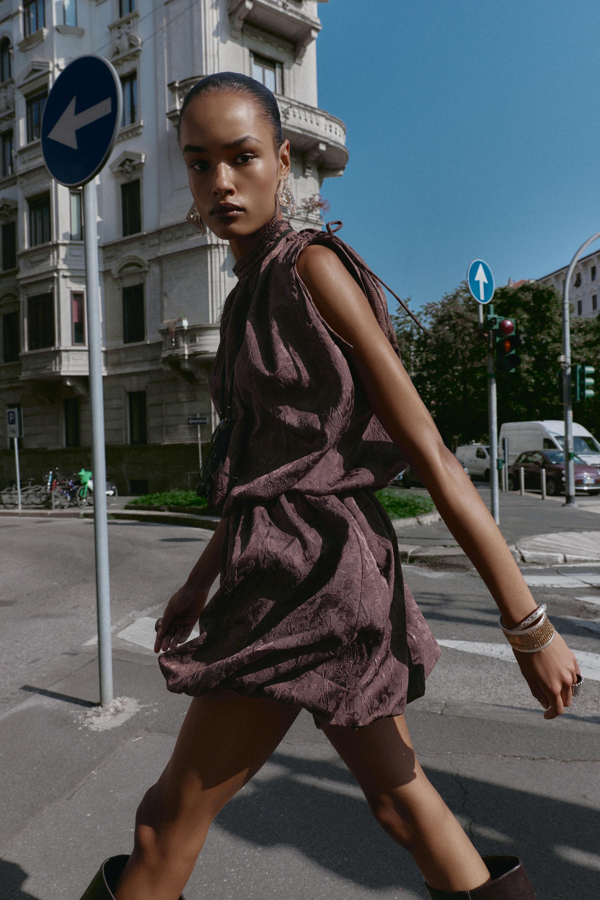 ジャカード ミニボリュームワンピース - ブラウン | ZARA Japan / 日本