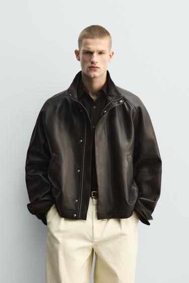 Zara LEATHER BOMBER JACKET - Chocolate