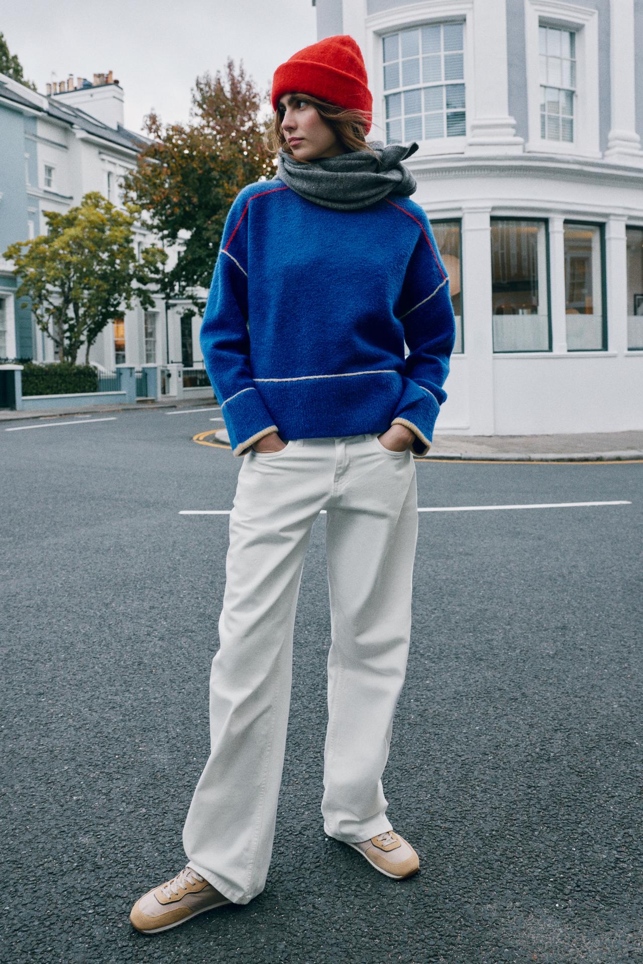 CONTRAST PIPING KNIT SWEATER — Bluish