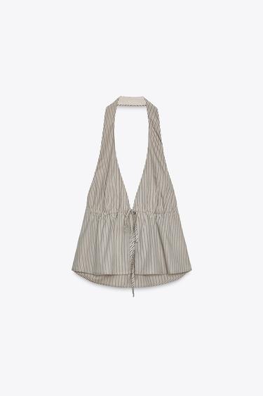 STRIPED POPLIN HALTER TOP - Brown / Green by Zara - Image 4