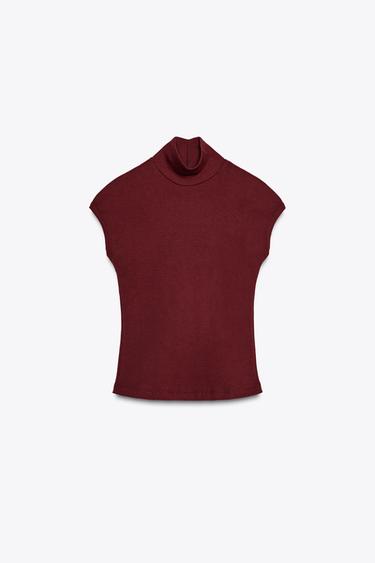 Zara MOCK NECK T-SHIRT - Burgundy - Image 0