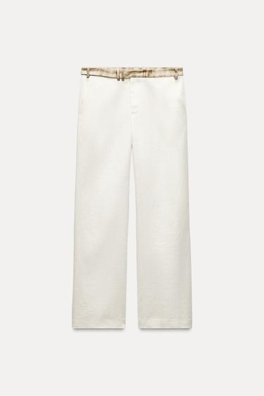 Zara PRINTED WAISTBAND RAMIE BLEND PANTS - Oyster-white