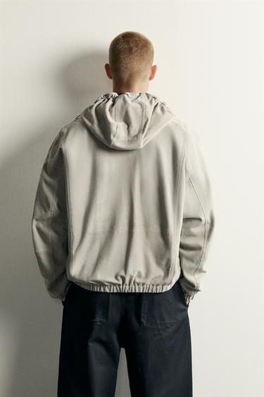SUEDE LEATHER HOODIE JACKET — Taupe gray 2