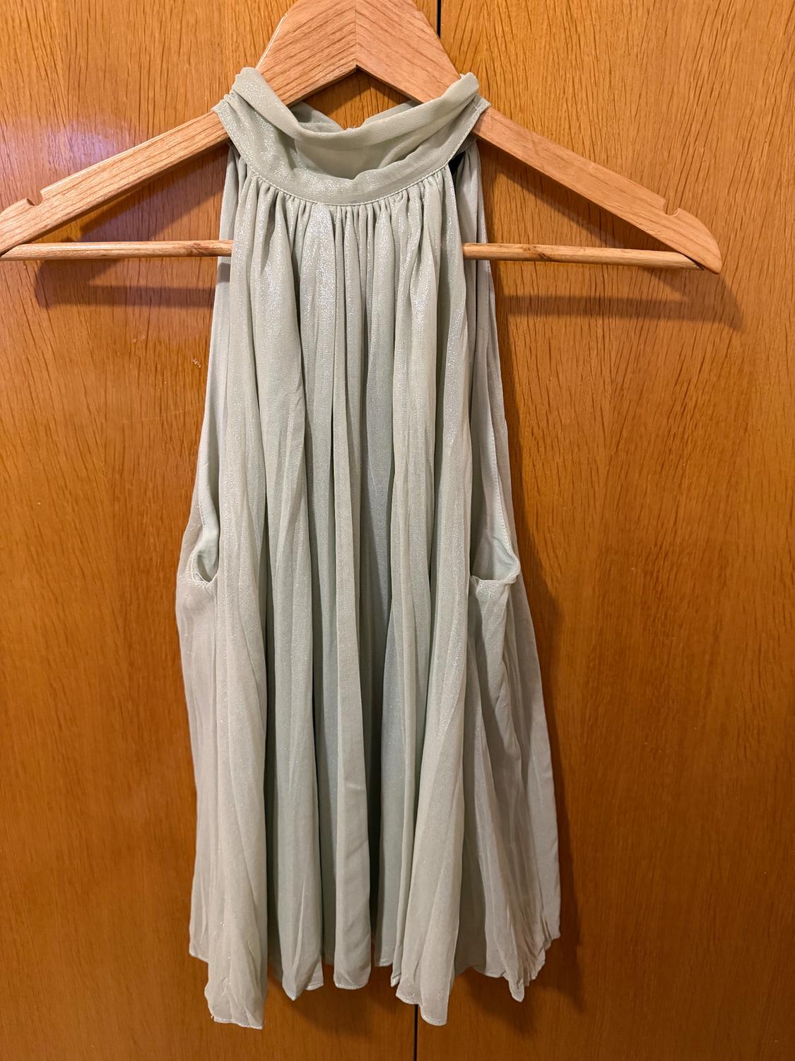 Light green, sleeveless, pleated fabric blouse, hanging on a wooden hanger against a wooden background.