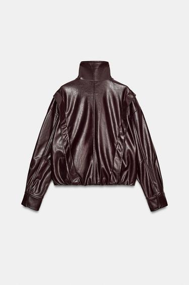 LEATHER EFFECT JACKET WITH PLEATS - Dark burgundy by Zara - Image 4