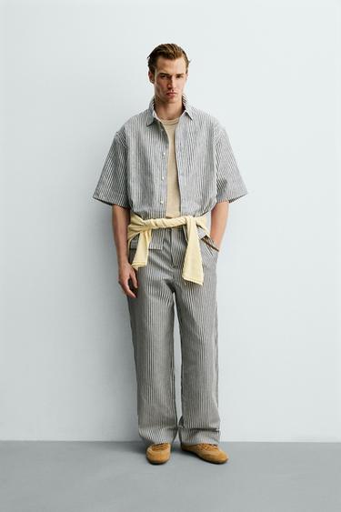 STRIPED COTTON/LINEN TROUSERS - Navy blue by Zara - Image 0