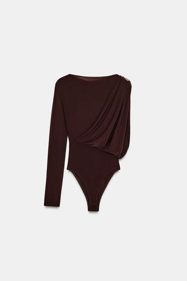 Zara FLOWY BROOCH BODYSUIT - Dark brown