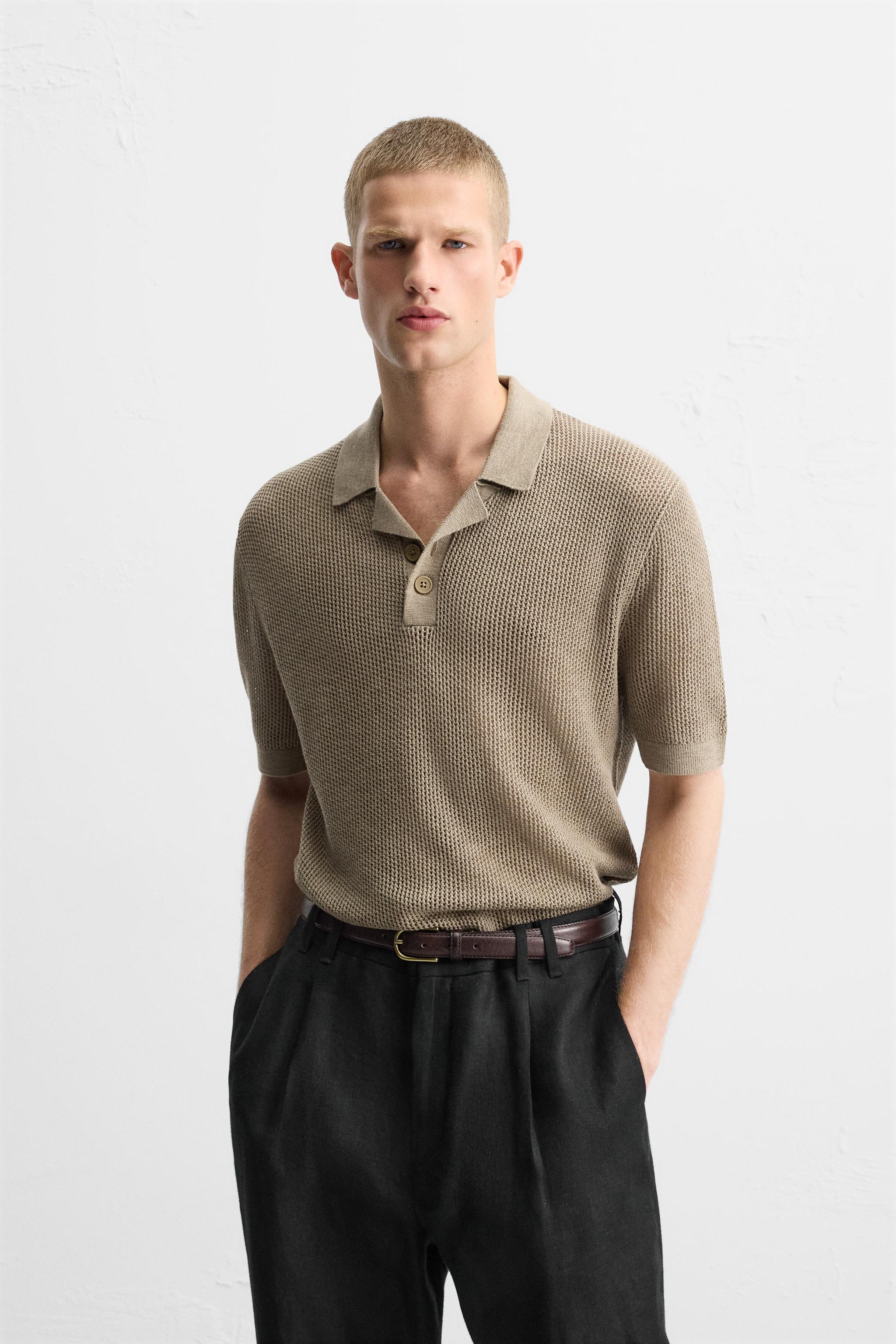 TEXTURED KNIT POLO SHIRT Beige ZARA United States - Main Image