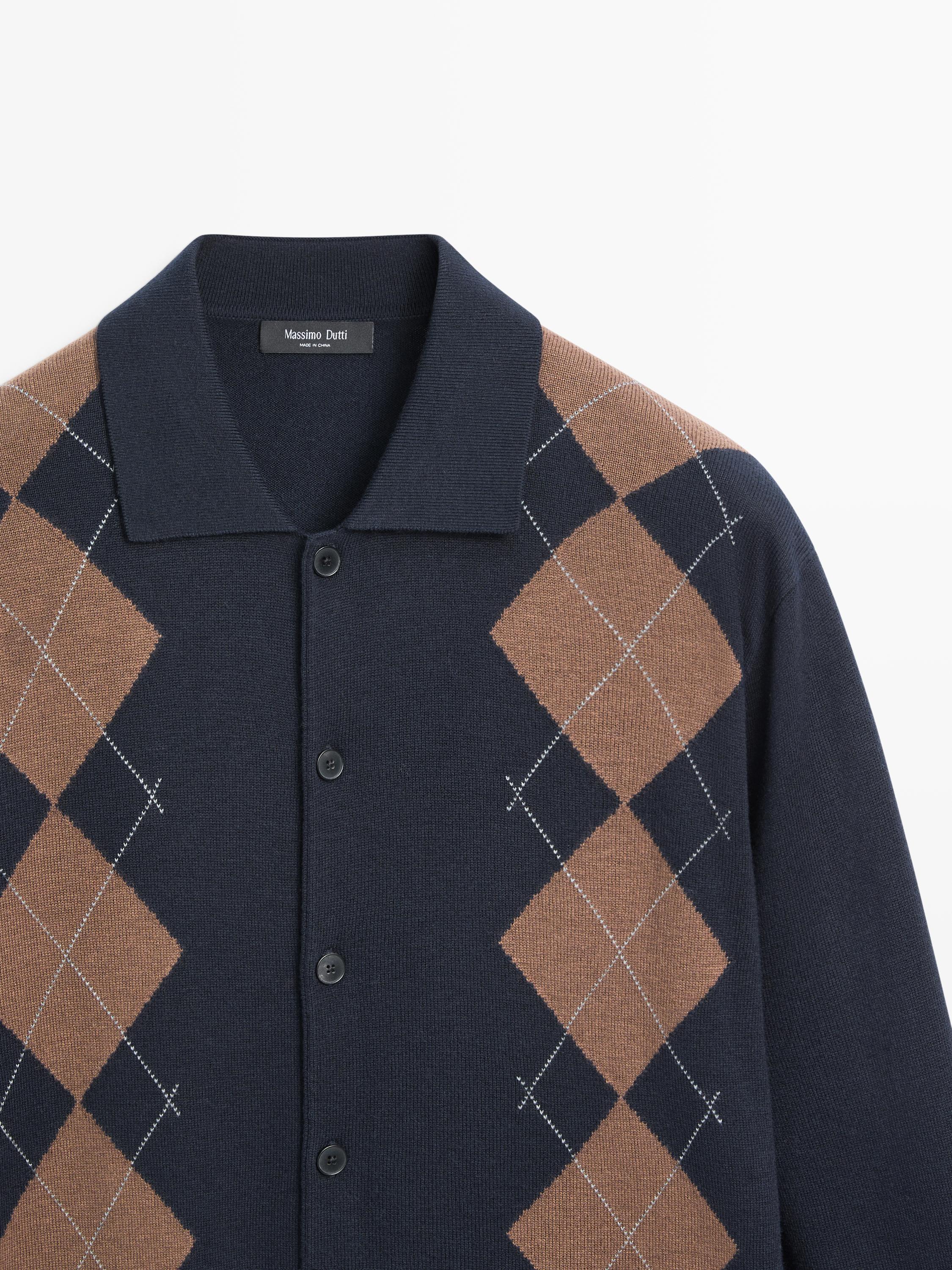 Wool blend argyle knit cardigan