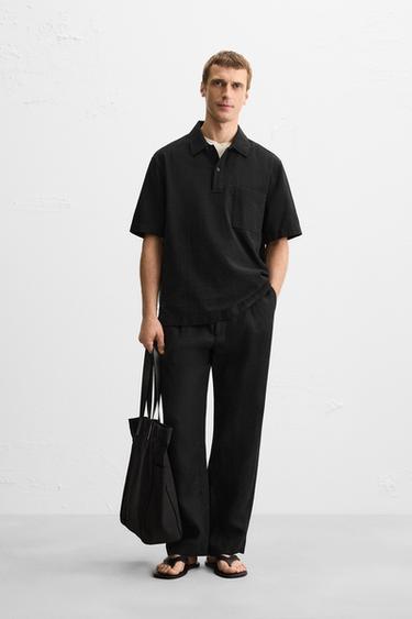 Zara JACQUARD CHECK POLO SHIRT - Black