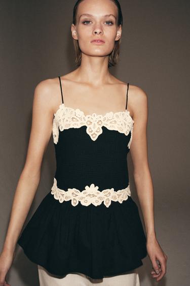 ZW COLLECTION CONTRAST LACE TOP - Black / White by Zara - Image 1