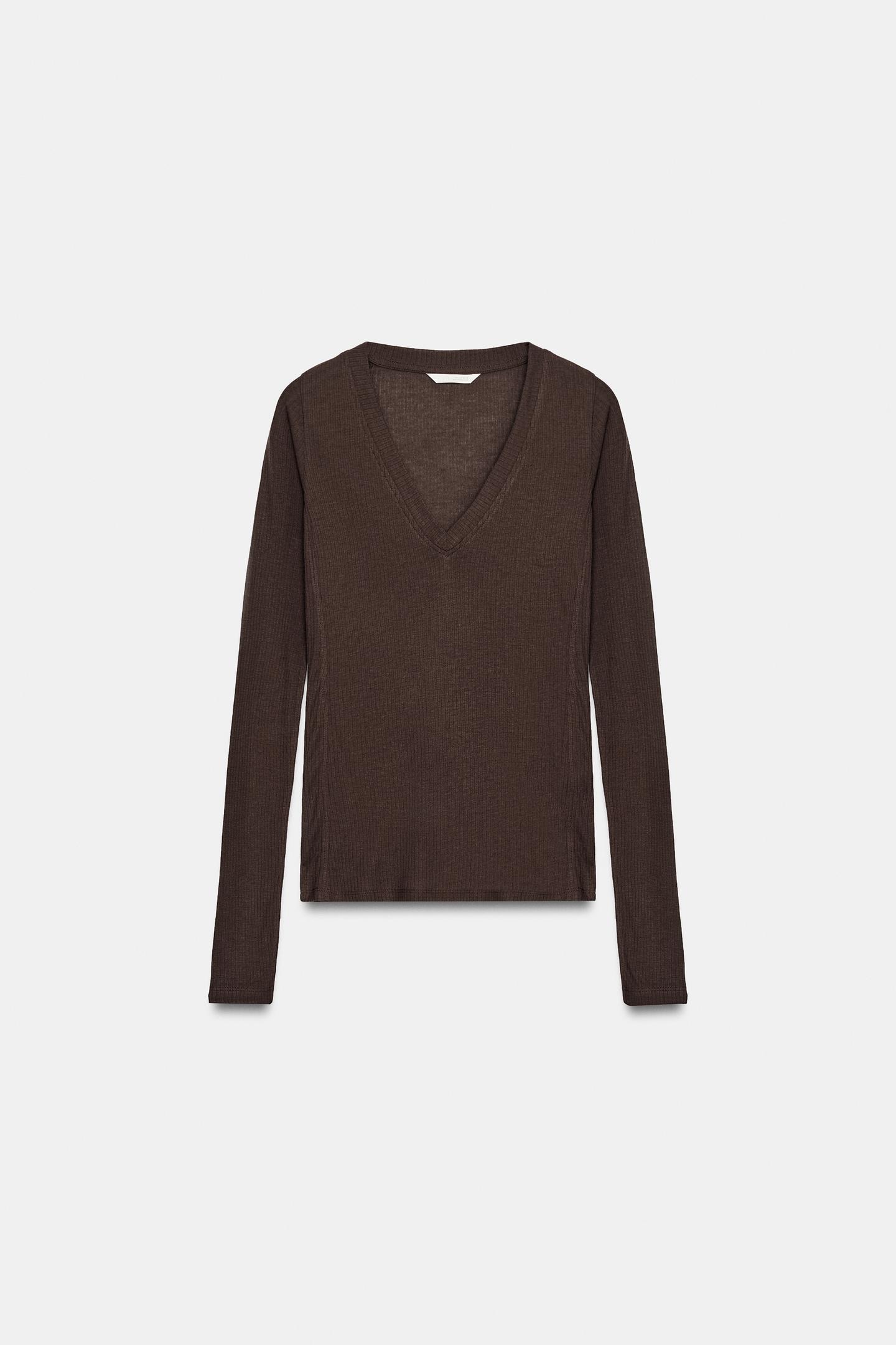 Женская футболка Zara Ribbed V-NECK, цвет: Коричневый — фото 5